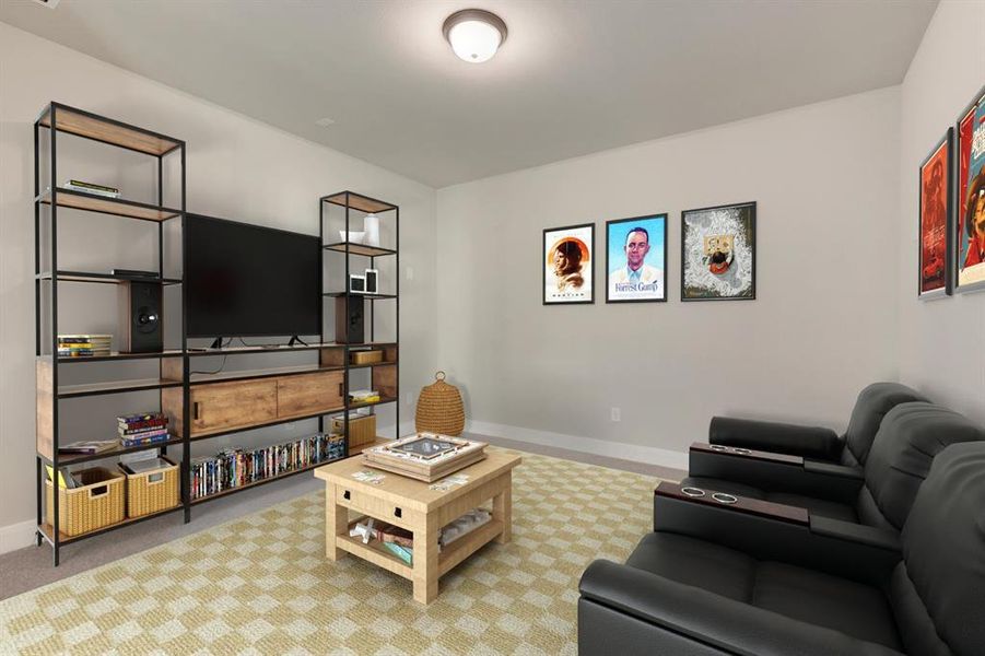 Living area with baseboards and light carpet Living area with baseboards and light carpet