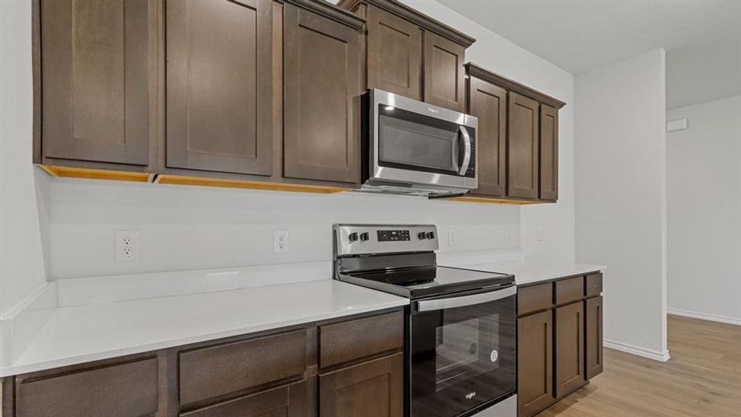 Kitchen featuring stainless steel appliances, dark wood finish cabinets, and light wood-type flooring