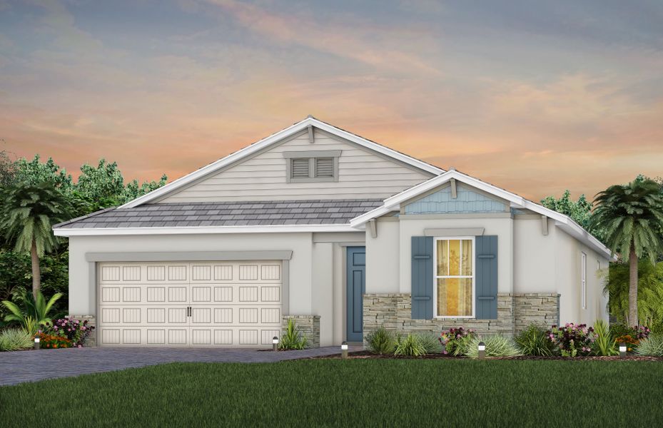 Front exterior of a new home in Del Webb Oak Creek, Fort Myers, FL, highlighting curb appeal (Image 30).