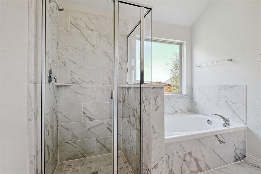 Bathroom with lofted ceiling and separate shower and tub