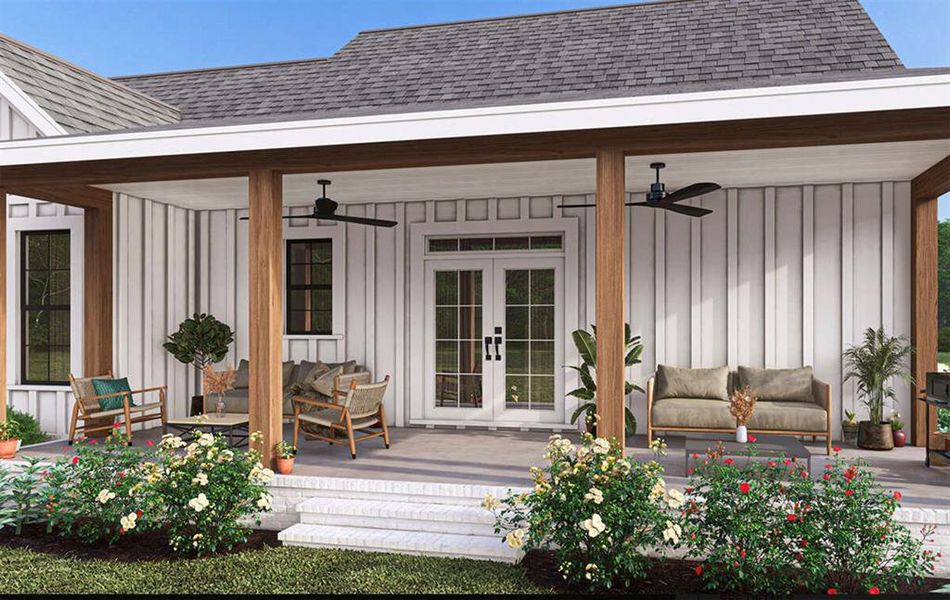 Wooden terrace featuring french doors and ceiling fan