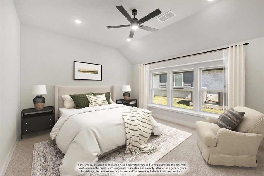 Bedroom with vaulted ceiling, ceiling fan, large windows, and carpeted floor Bedroom with vaulted ceiling, ceiling fan, large windows, and carpeted floor