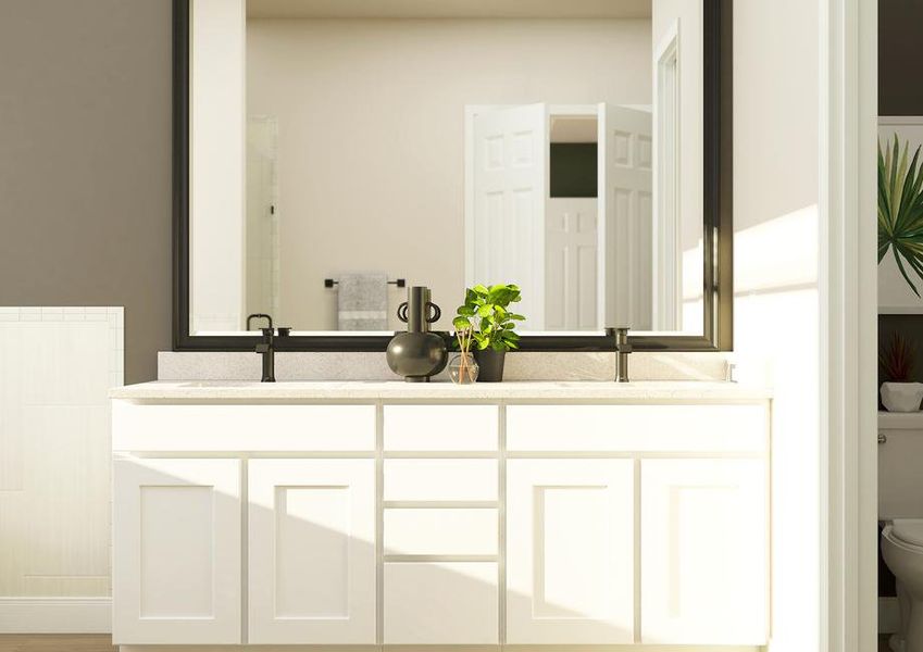 Rendering of the double-sink vanity in
  the master bath, which has white cabinetry and black fixtures.Â