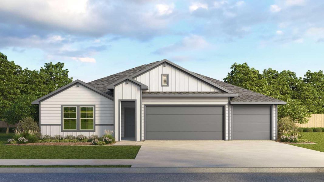 Front exterior of a new home in Railhead, Cedar Creek, TX, highlighting curb appeal (Image 1).