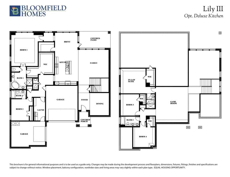 Bloomfield Homes Lily III floor plan with optional deluxe kitchen, showing two-story layout with four bedrooms and in-law suite.