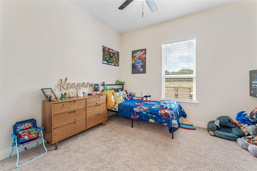 Bedroom with carpet and a ceiling fan Bedroom with carpet and a ceiling fan