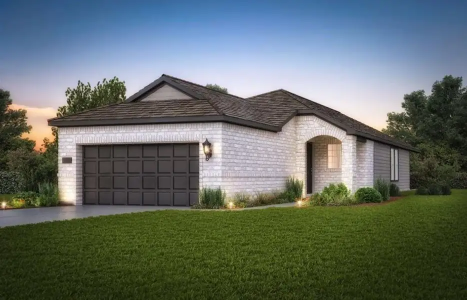 Front exterior of a new home in Del Webb in Chambers Creek, Willis, TX, highlighting curb appeal (Image 1).