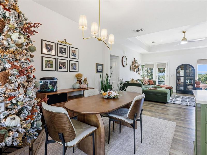 Dining area featuring a tray ceiling, dark wood-type flooring, a ceiling fan, and a chandelier