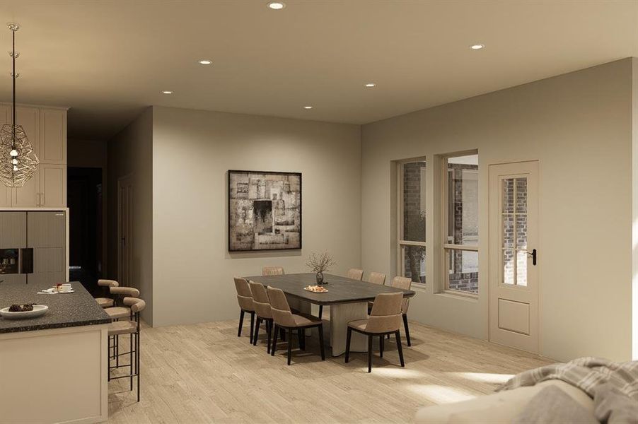 Dining area with light hardwood / wood-style floors
- Architectural Rendering