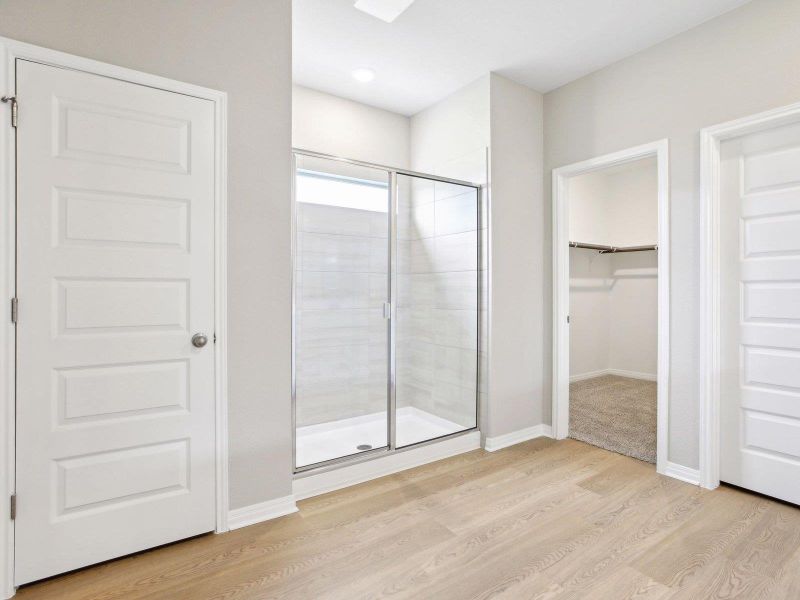 Full bath with a stall shower, a spacious closet, wood finished floors, and baseboards Full bath with a stall shower, a spacious closet, wood finished floors, and baseboards