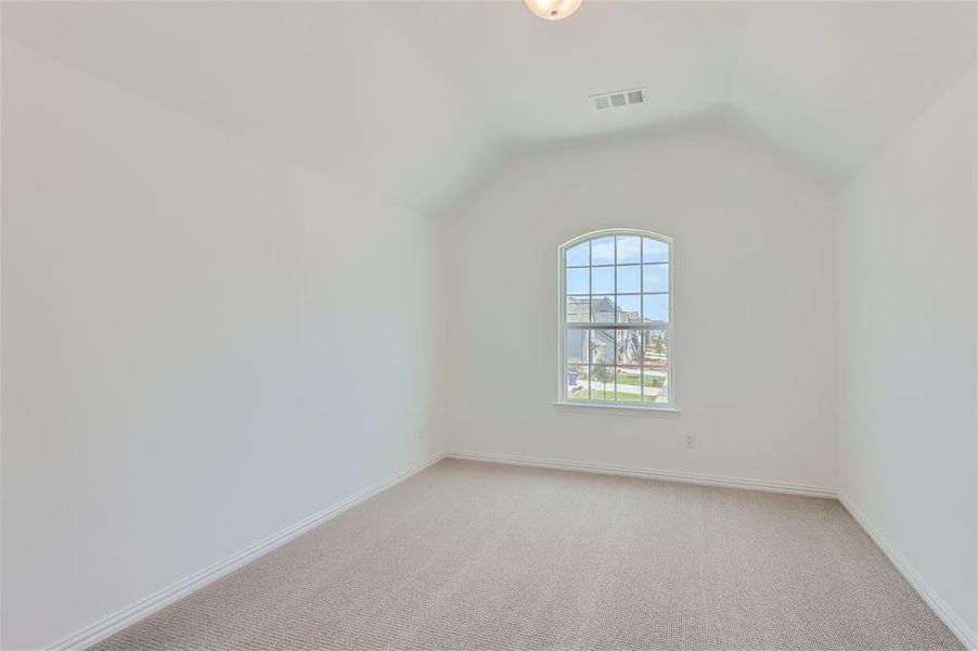 Empty room featuring carpet floors and lofted ceiling