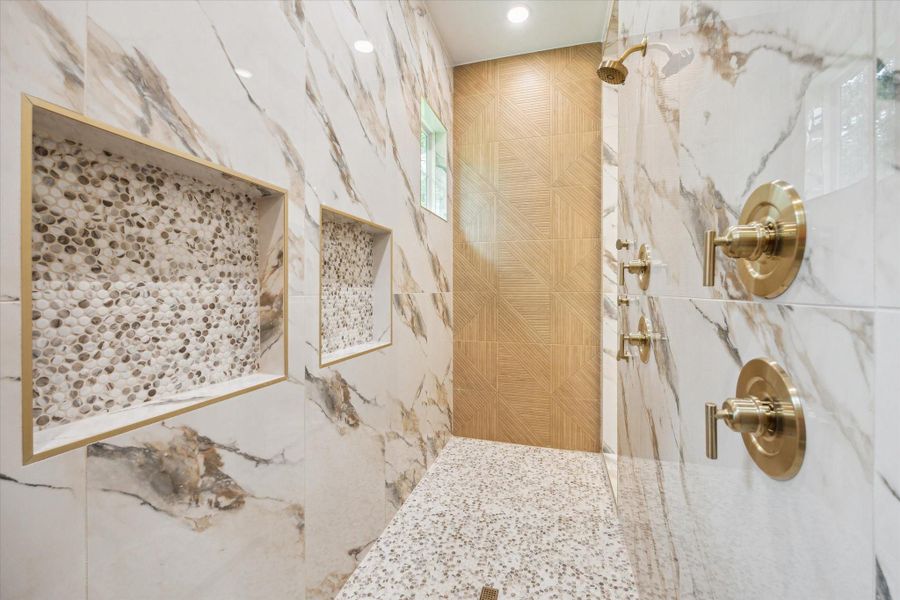 So many sprayers!!! Recessed mosaic penny tile for all the shower essentials. So many sprayers!!! Recessed mosaic penny tile for all the shower essentials.