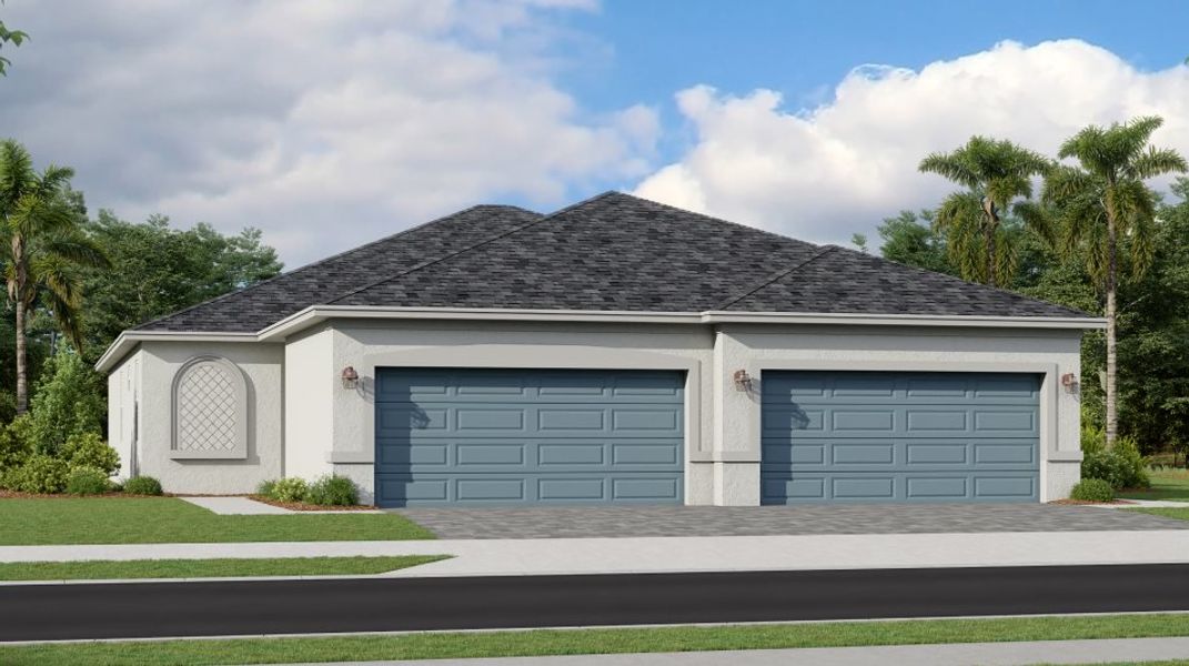 Front exterior of a new home in Tuckers Cove: Villas, Punta Gorda, FL, highlighting curb appeal (Image 1).