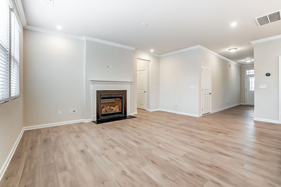 Gathering room with cozy fireplace