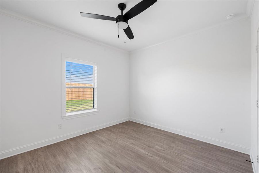 Empty room with crown molding, wood finished floors, and ceiling fan Empty room with crown molding, wood finished floors, and ceiling fan