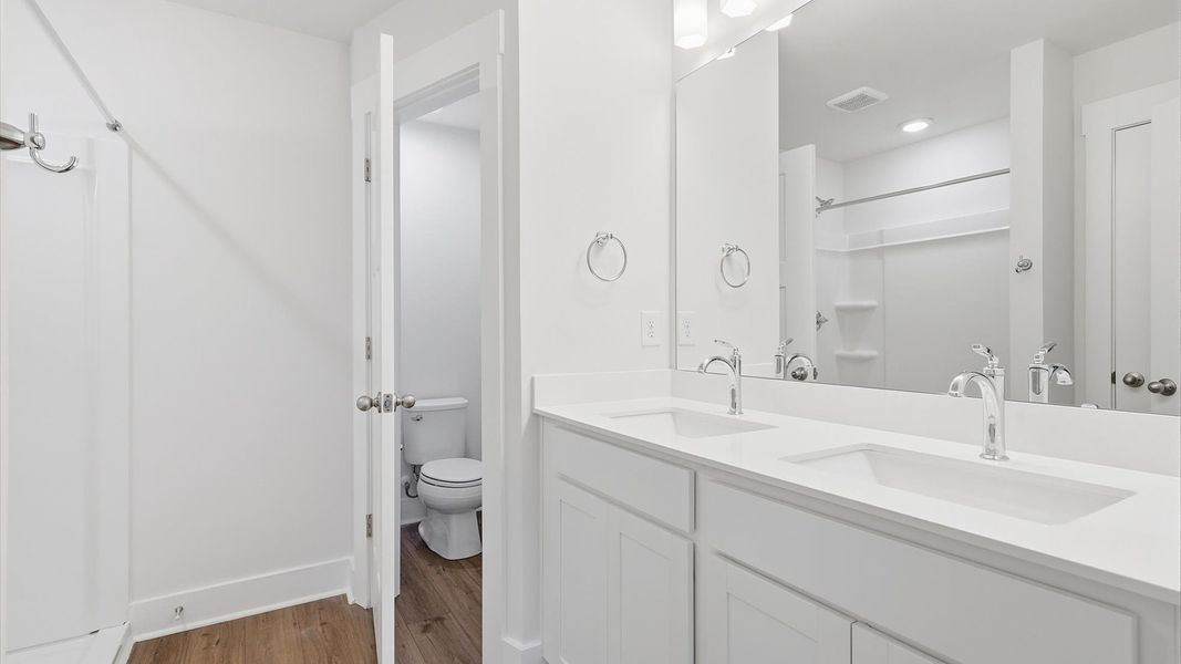 Sophisticated primary bathroom with expansive vanity and polished hardware in Lyman, SC