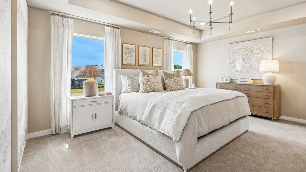 Primary suite with tray ceiling, windows, and carpet