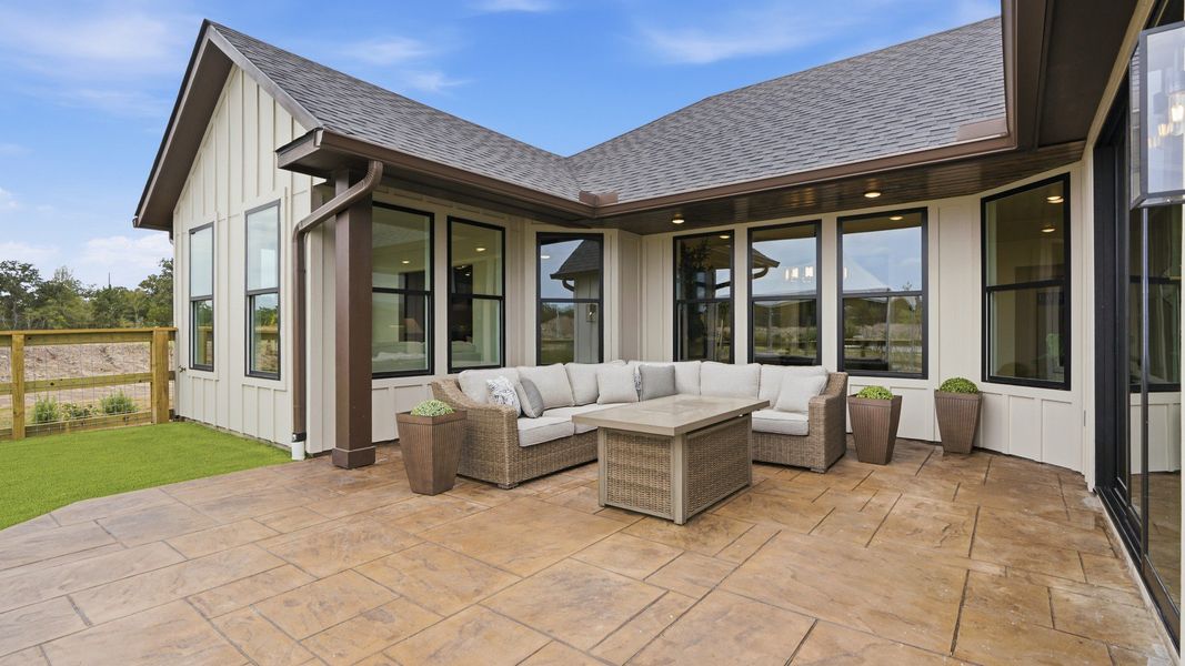 Exterior details and patio area of a home in Lakeside at Millican Reserve, College Station (Image 24).