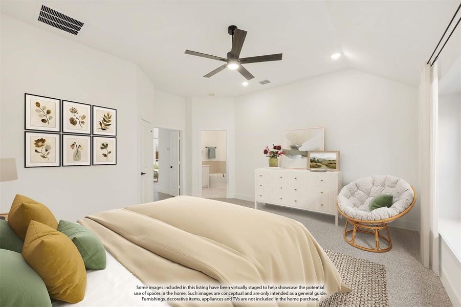 Bedroom with vaulted ceiling, ceiling fan, carpet flooring, and ensuite bathroom doorway Bedroom with vaulted ceiling, ceiling fan, carpet flooring, and ensuite bathroom doorway