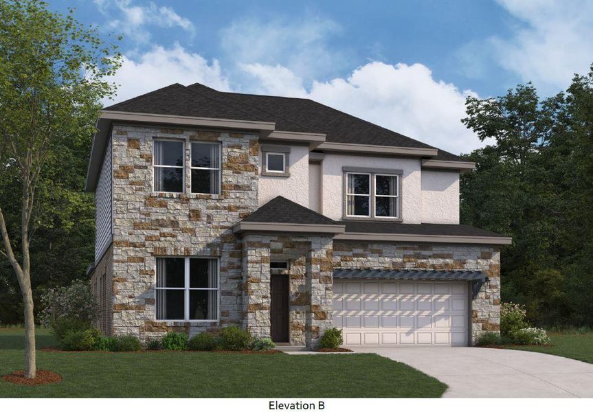 Front exterior of a new home in Edgewood, Leander, TX, highlighting curb appeal (Image 1).