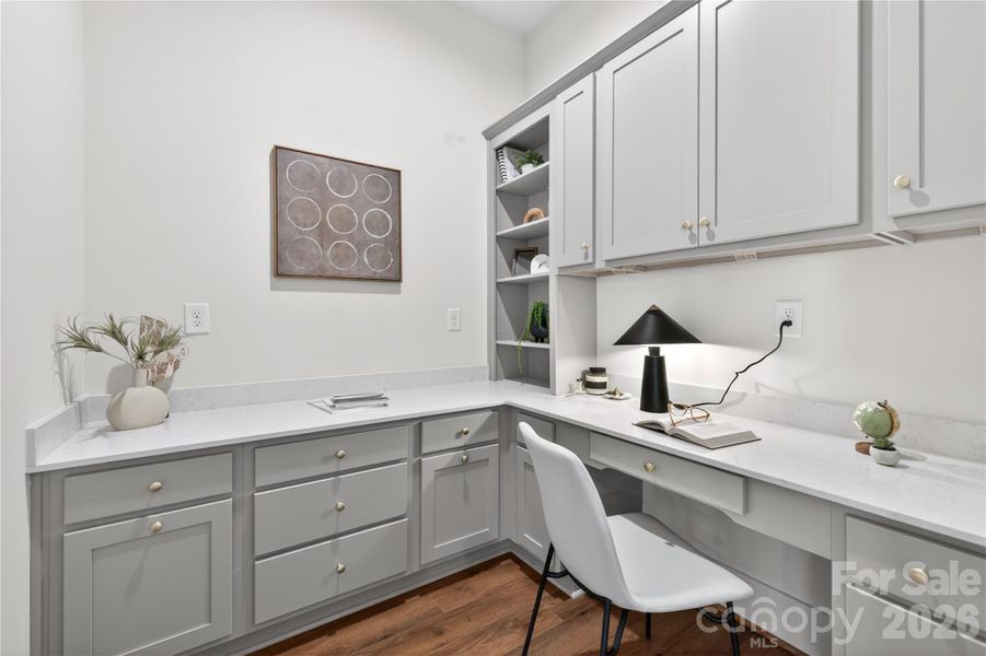 Pocket office with beautiful shelving and counter space. Perfect for home office or work space. Pocket office with beautiful shelving and counter space. Perfect for home office or work space.