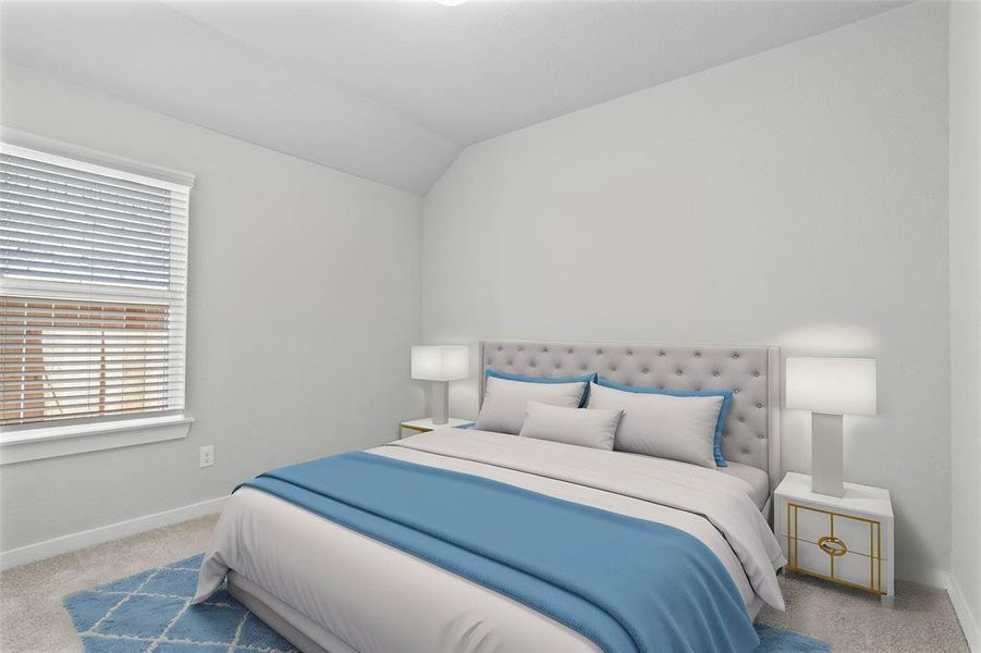 Secondary bedroom features plush carpet, custom paint, lighting, and a large window with privacy blinds.