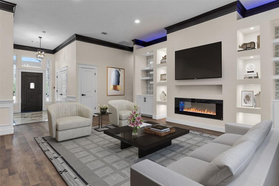 Look at this gorgeous Living room!!! In this photo notice all the amazing built-ins to showcase all your beauties under pin lights and let's not miss the fabulous fireplace and the above lighting that brings fun and/or relaxation to all your evenings. This room is virtually staged to show you how the room can look with furniture placement. Look at this gorgeous Living room!!! In this photo notice all the amazing built-ins to showcase all your beauties under pin lights and let's not miss the fabulous fireplace and the above lighting that brings fun and/or relaxation to all your evenings. This room is virtually staged to show you how the room can look with furniture placement.