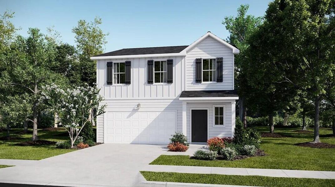 Front exterior of a new home in Lindera Preserve at Cane Bay Plantation: Sabal Collection, Summerville, SC, highlighting curb appeal (Image 1). Front exterior of a new home in Lindera Preserve at Cane Bay Plantation: Sabal Collection, Summerville, SC, highlighting curb appeal (Image 1).