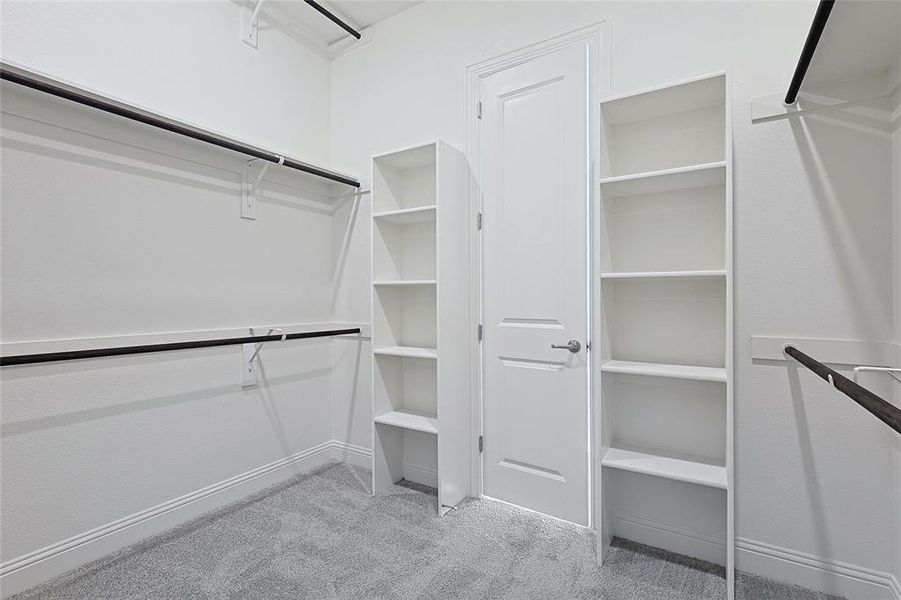 Walk in closet with light colored carpet