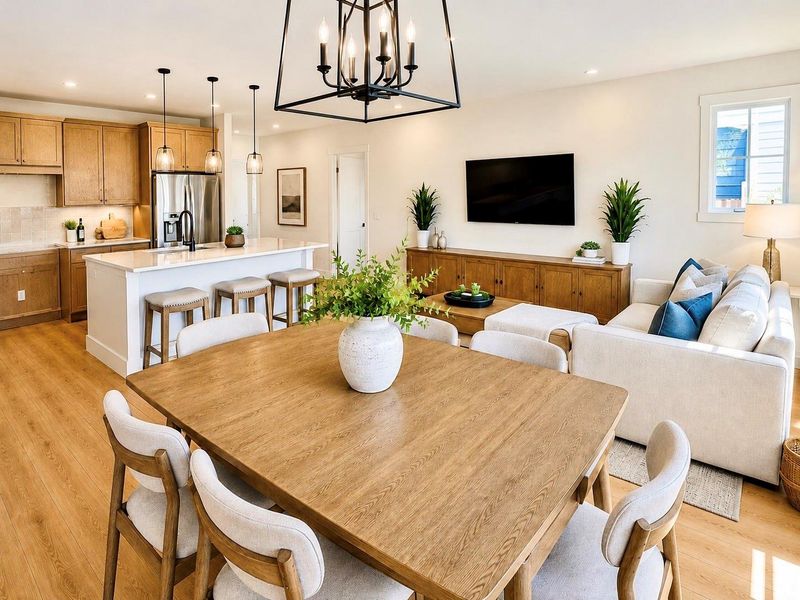 The planned open-concept kitchen, dining, and living area at 6624 Nielan St is designed with a bright, modern layout that connects the main living spaces. * Photo rendering shown as home is currently under construction | Final appearance may vary *