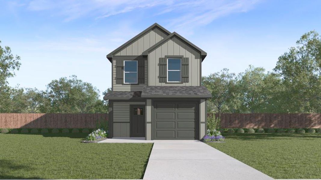 Two-story home with a two-tone exterior facade and dark wood shutters Two-story home with a two-tone exterior facade and dark wood shutters