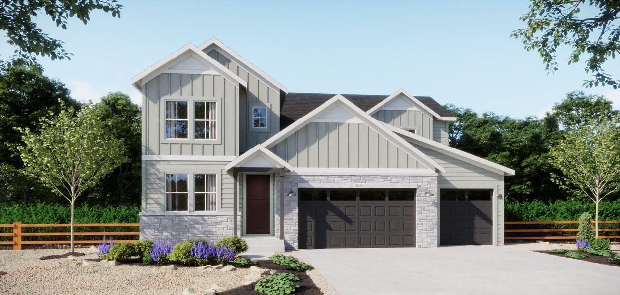Front exterior of a new home in The Estates Collection at Talon Pointe, Thornton, CO, highlighting curb appeal (Image 1).