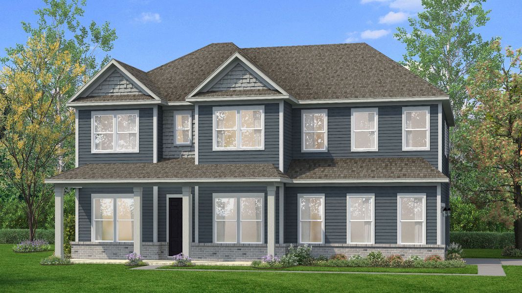 Exterior rendering of home with available side load garage, twin gables, and brick water table.