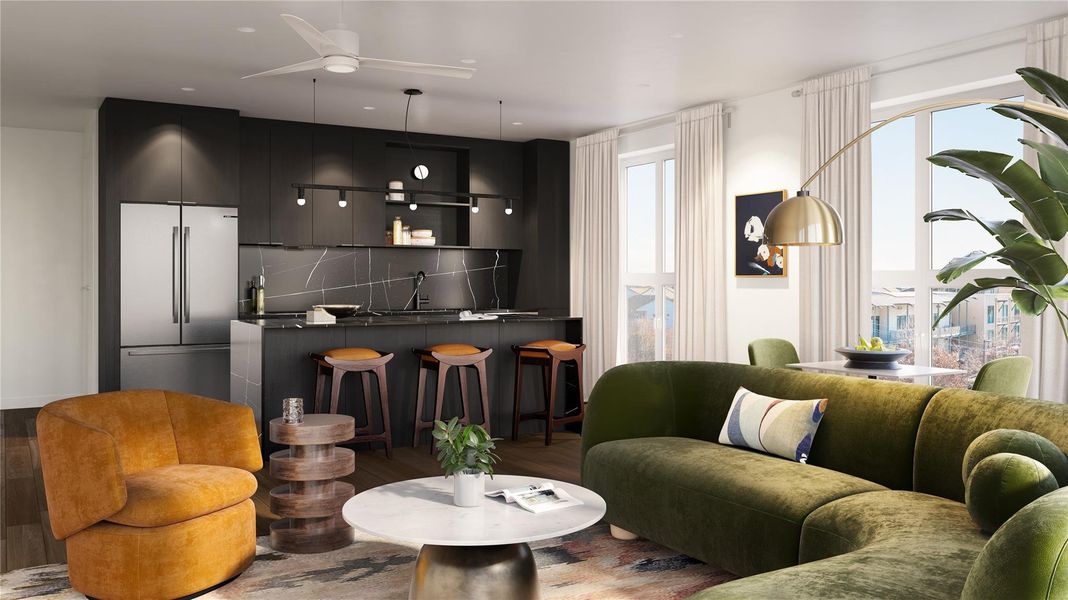 An open floor plan shown in the Moontower  finish palette, fully furnished with Williams Sonoma selections featuring hotel level fabrics and curated accents throughout.