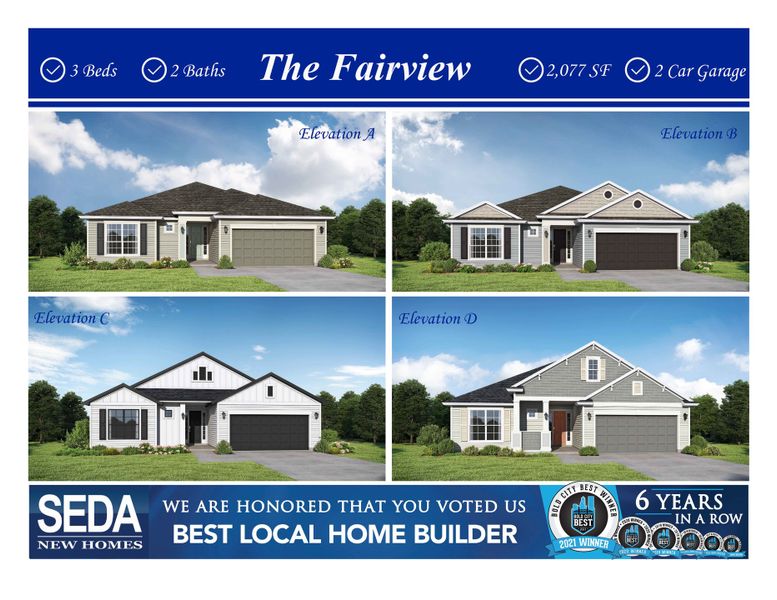 Representative exterior photo of a completed home built from the Fairview by SEDA New Homes in Sandy Ridge, Yulee, FL (Image 2). Representative exterior photo of a completed home built from the Fairview by SEDA New Homes in Sandy Ridge, Yulee, FL (Image 2).