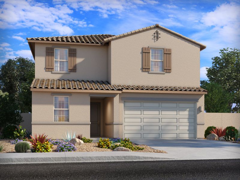 Representative exterior photo of a completed home built from the Emerald by Meritage Homes in Las Patrias at Star Valley Phase III - Premier Series, Tucson, AZ (Image 5). Representative exterior photo of a completed home built from the Emerald by Meritage Homes in Las Patrias at Star Valley Phase III - Premier Series, Tucson, AZ (Image 5).