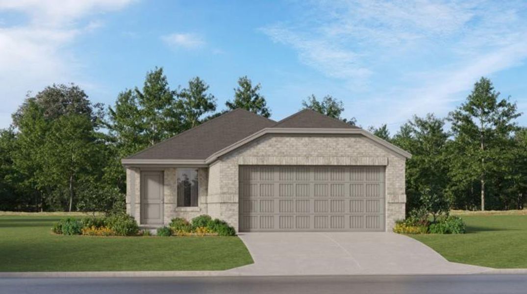 Front exterior of a new home in Windrose Green, Angleton, TX, highlighting curb appeal (Image 2). Front exterior of a new home in Windrose Green, Angleton, TX, highlighting curb appeal (Image 2).