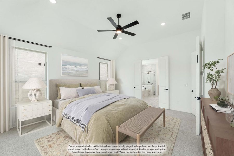Bedroom with vaulted ceiling, ceiling fan, carpet flooring, and ensuite bathroom doorway visible