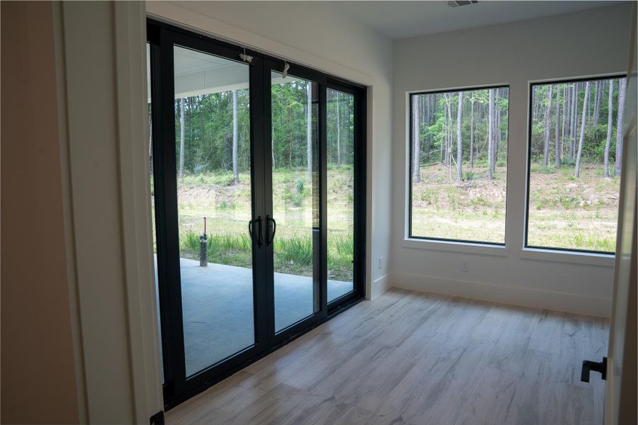 Flex room with glass doors leading to the covered back porch. This space can be used for various activities and seamlessly connects the indoor and outdoor living areas.