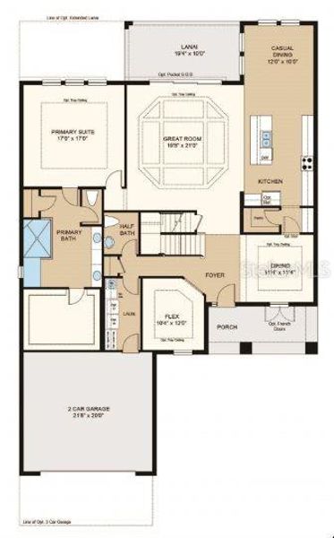Structural options added include: Gourmet kitchen, pocket sliding glass door at gathering room and primary suite, study in place of flex, tray ceiling at dining room, foyer, study, primary suite and game room, and covered extended lanai.
