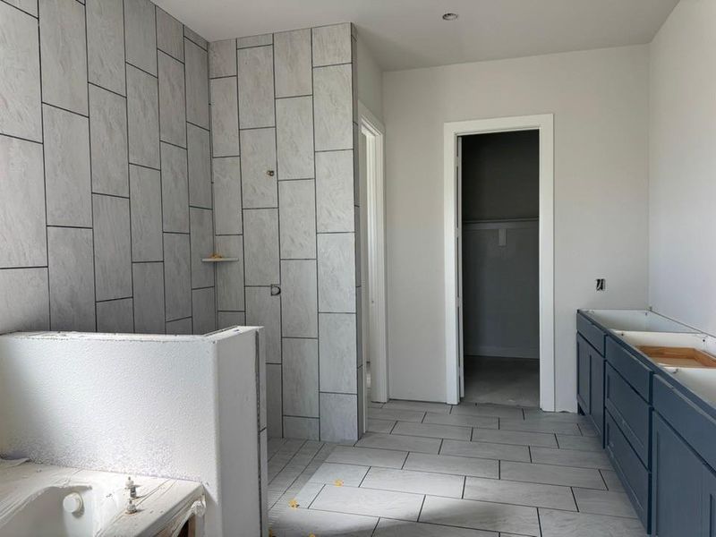 Bathroom featuring double vanity, a walk in shower, a garden tub, and a walk in closet