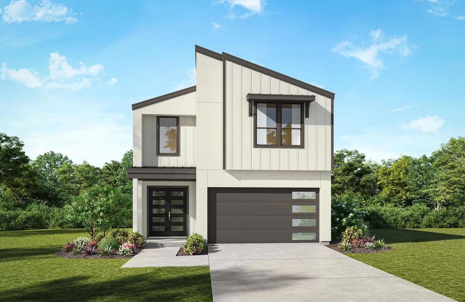 Front exterior of a new home in Rough Hollow The District, Lakeway, TX, highlighting curb appeal (Image 1). Front exterior of a new home in Rough Hollow The District, Lakeway, TX, highlighting curb appeal (Image 1).