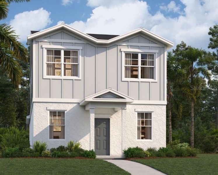 Front exterior of a new home in Spring Walk at the Junction, Debary, FL, highlighting curb appeal (Image 1).