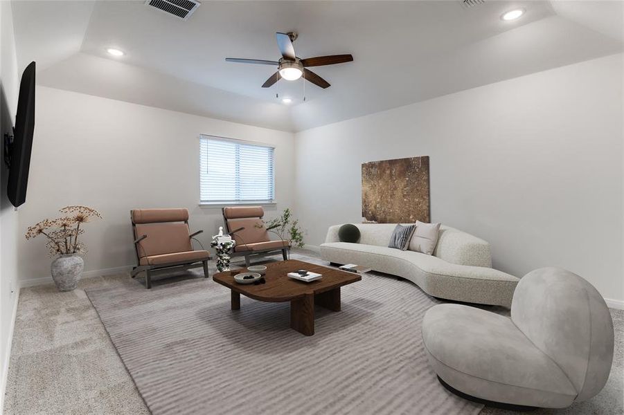 Virtually stage - Family room featuring lofted ceiling, carpet flooring, and ceiling fan