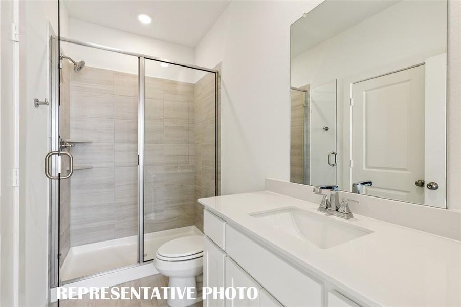 Friends and family will feel right at home in any of the beautifully finished guest baths in our Tristan plan.  REPRESENTATIVE PHOTO
