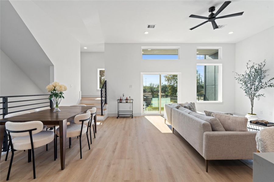 A tucked dining alcove creates an intimate setting, comfortably accommodating a 6–8 person table. A tucked dining alcove creates an intimate setting, comfortably accommodating a 6–8 person table.