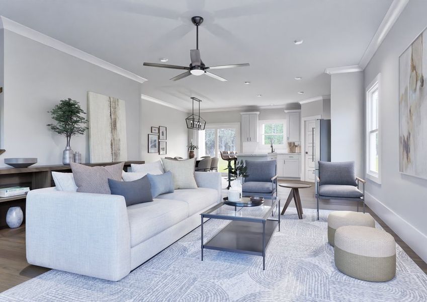 Spacious family room in the Birch model home with contemporary furnishings. Spacious family room in the Birch model home with contemporary furnishings.