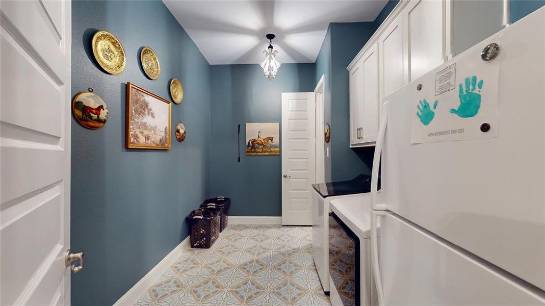 Upgraded decretive lighting and tile flooring, built-in cabinets, direct access to primary closet