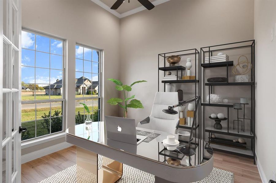 Virtually staged office located to the left of the front door with French doors. Virtually staged office located to the left of the front door with French doors.
