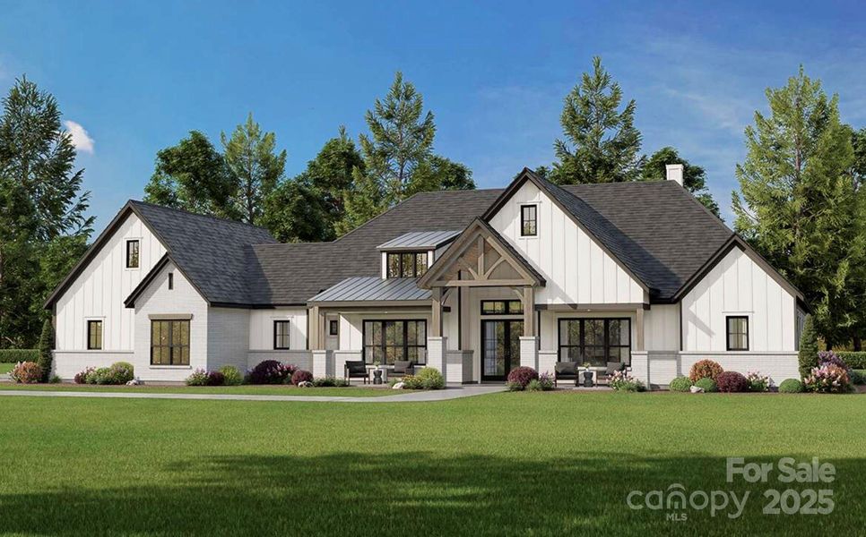 Large windows and clean lines offer a perfect blend of classic charm and contemporary design, all set against a lush green lawn and mature trees for a picturesque country feel. Large windows and clean lines offer a perfect blend of classic charm and contemporary design, all set against a lush green lawn and mature trees for a picturesque country feel.